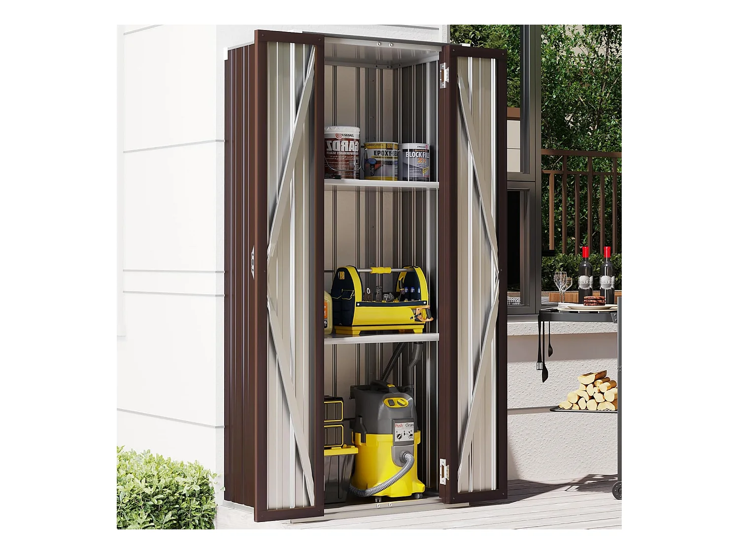 YODOLLA Armoire de Rangement d'extérieur Etanche - Métal - Abri de Jardin à 3 Étagères Modulables - 76 x 55 x 178 CM - Marron