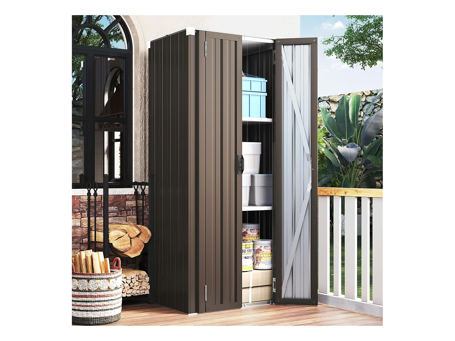 YODOLLA Armoire de Rangement d'extérieur Etanche - Métal - Abri de Jardin à 3 Étagères Modulables - 76 x 55 x 178 CM - Marron