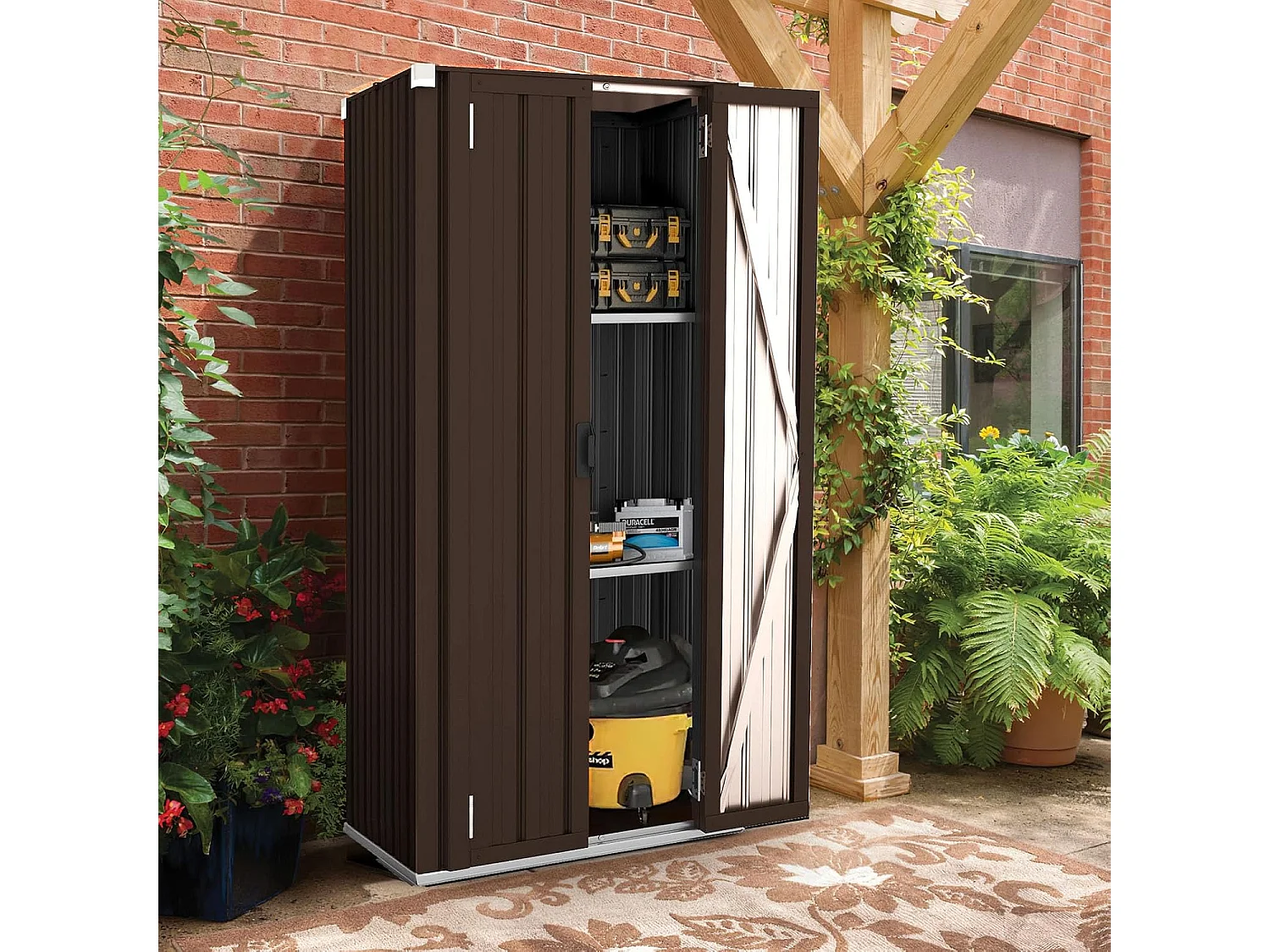 YODOLLA Armoire de Rangement d'extérieur Etanche - Métal - Abri de Jardin à 3 Étagères Modulables - 76 x 55 x 178 CM - Marron