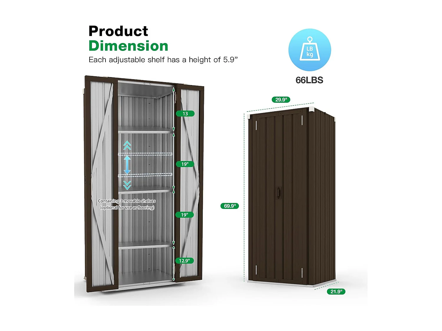 YODOLLA Armoire de Rangement d'extérieur Etanche - Métal - Abri de Jardin à 3 Étagères Modulables - 76 x 55 x 178 CM - Marron