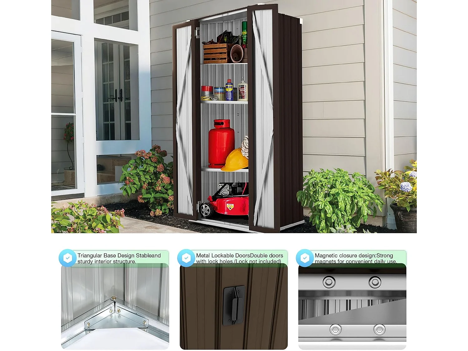 YODOLLA Armoire de Rangement d'extérieur Etanche - Métal - Abri de Jardin à 3 Étagères Modulables - 76 x 55 x 178 CM - Marron