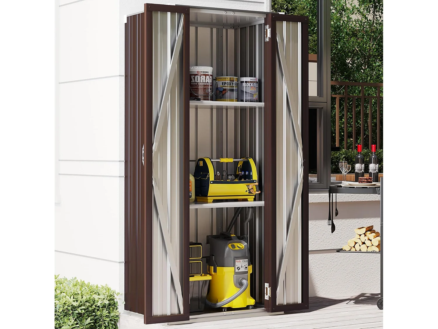 YODOLLA Armoire de Rangement d'extérieur Etanche - Métal - Abri de Jardin à 3 Étagères Modulables - 76 x 55 x 178 CM - Marron