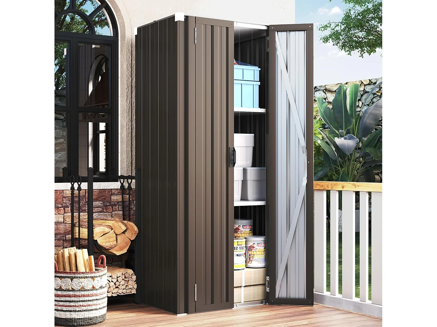 YODOLLA Armoire de Rangement d'extérieur Etanche - Métal - Abri de Jardin à 3 Étagères Modulables - 76 x 55 x 178 CM - Marron