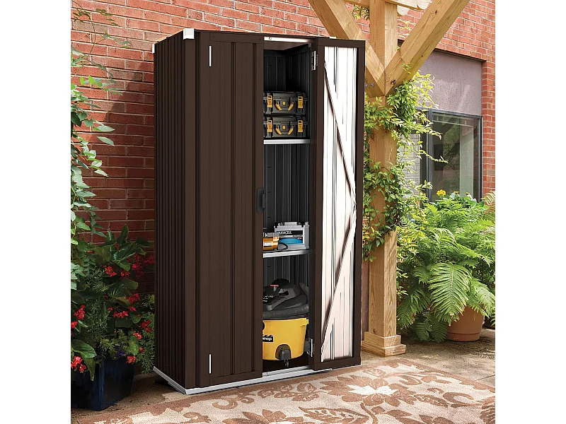 YODOLLA Armoire de Rangement d'extérieur Etanche - Métal - Abri de Jardin à 3 Étagères Modulables - 76 x 55 x 178 CM - Marron