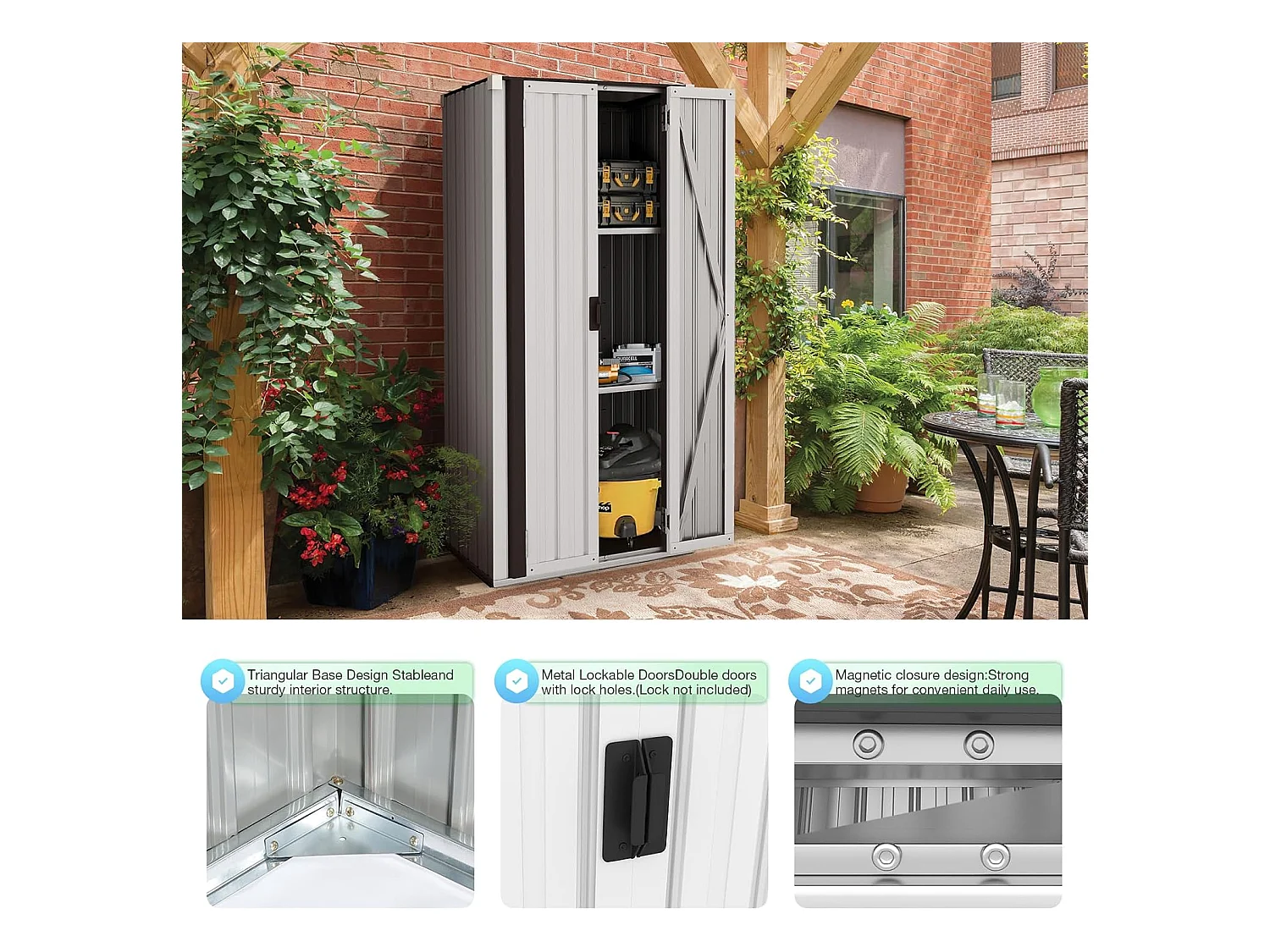 YODOLLA Armoire de Rangement d'extérieur Etanche - Métal - Abri de Jardin à 3 Étagères Modulables - 76 x 55 x 178 CM - Blanche