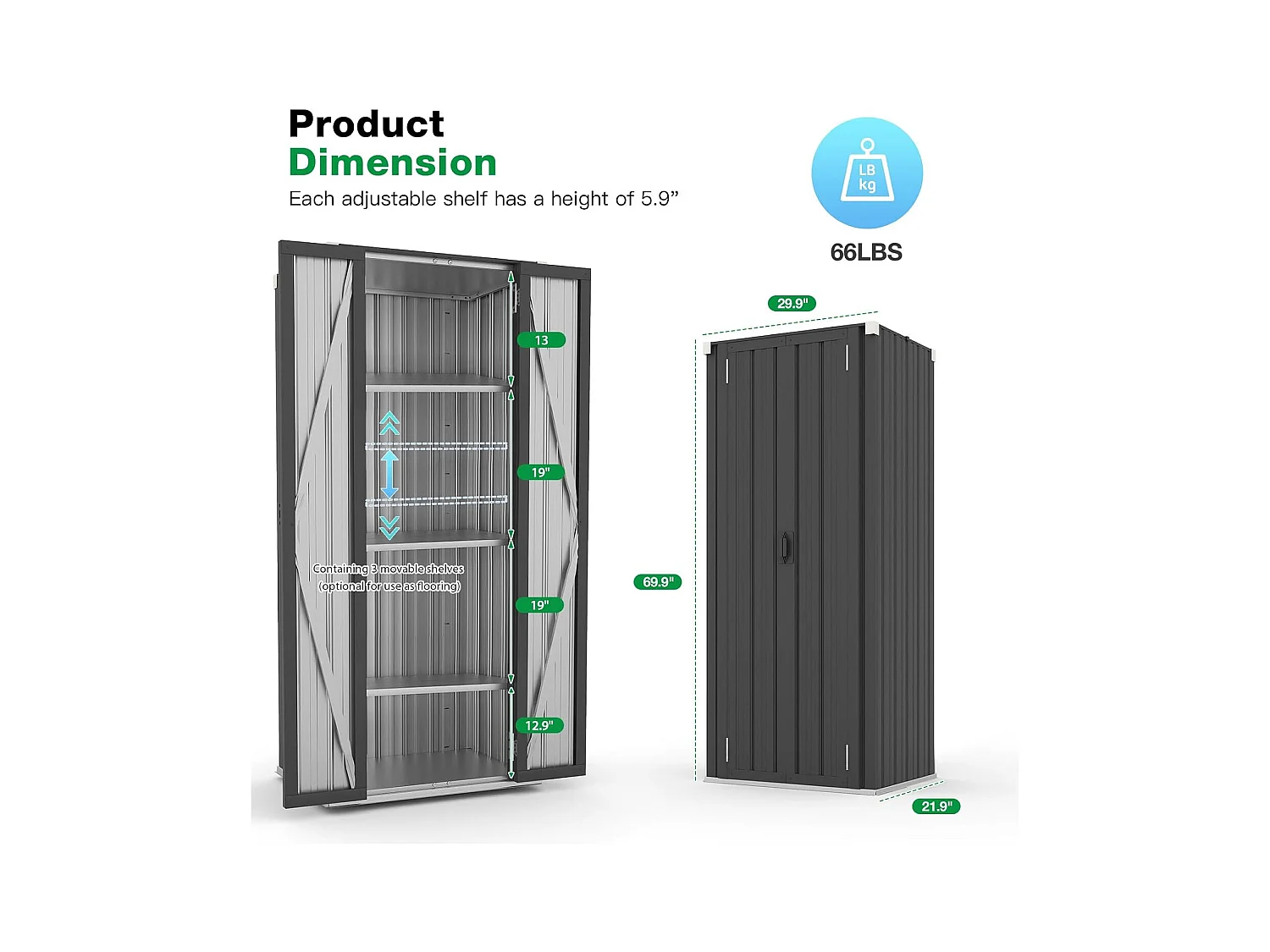 YODOLLA Armoire de Rangement d'extérieur Etanche - Métal - Abri de Jardin à 3 Étagères Modulables - 76 x 55 x 178 CM - Noir