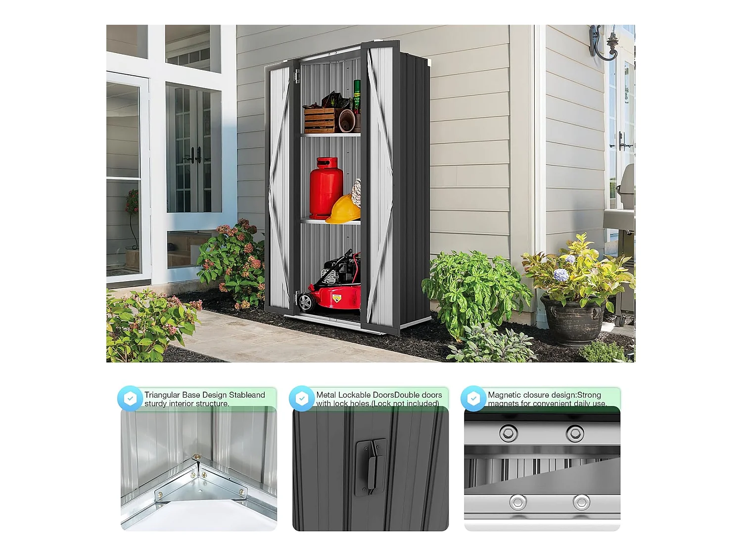 YODOLLA Armoire de Rangement d'extérieur Etanche - Métal - Abri de Jardin à 3 Étagères Modulables - 76 x 55 x 178 CM - Noir