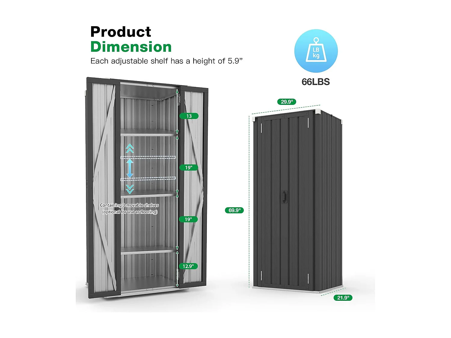 YODOLLA Armoire de Rangement d'extérieur Etanche - Métal - Abri de Jardin à 3 Étagères Modulables - 76 x 55 x 178 CM - Noir