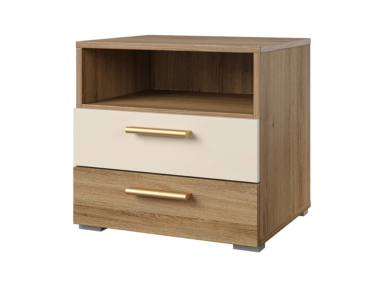 Table de chevet VERTIGO – 2 tiroirs + 1 niche – Chêne sauvage et beige sable – Poignées dorées