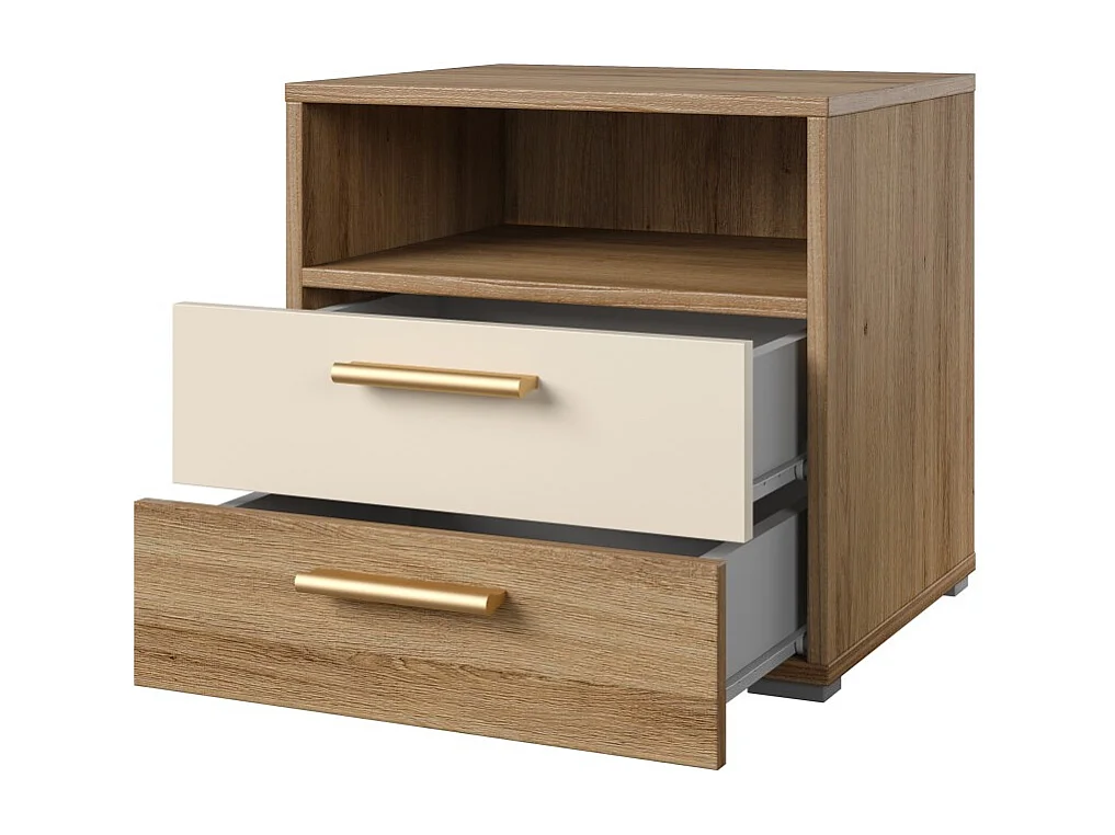 Table de chevet VERTIGO – 2 tiroirs + 1 niche – Chêne sauvage et beige sable – Poignées dorées
