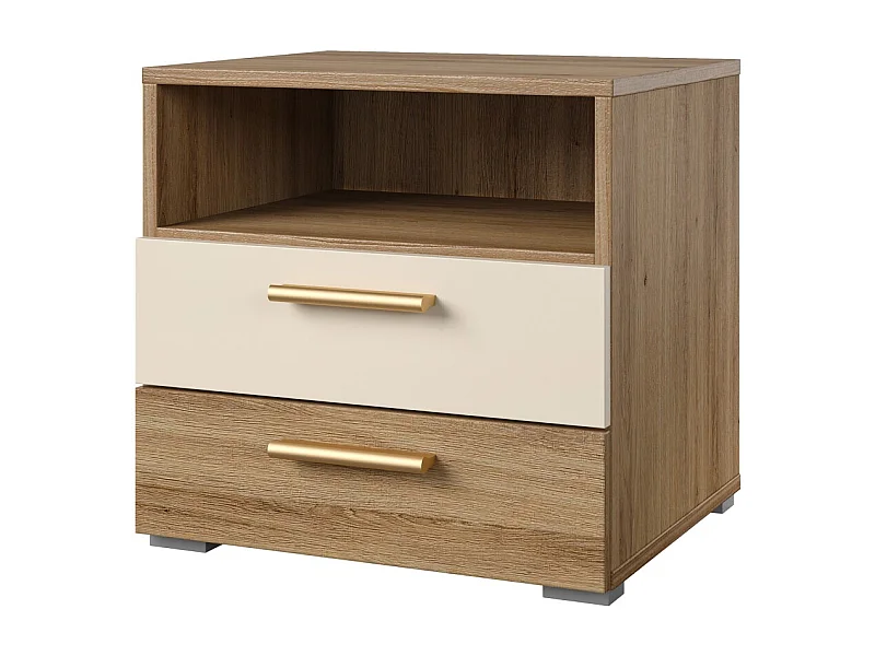 Mesa de Cabeceira VERTIGO – 2 gavetas + 1 nicho – Carvalho selvagem e bege areia – Puxadores dourados
