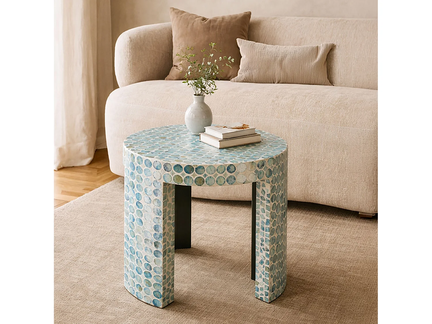 Now's Home - Meuble D Appoint En Coquilles De Capiz Bleu 50x50xht40cm Solna