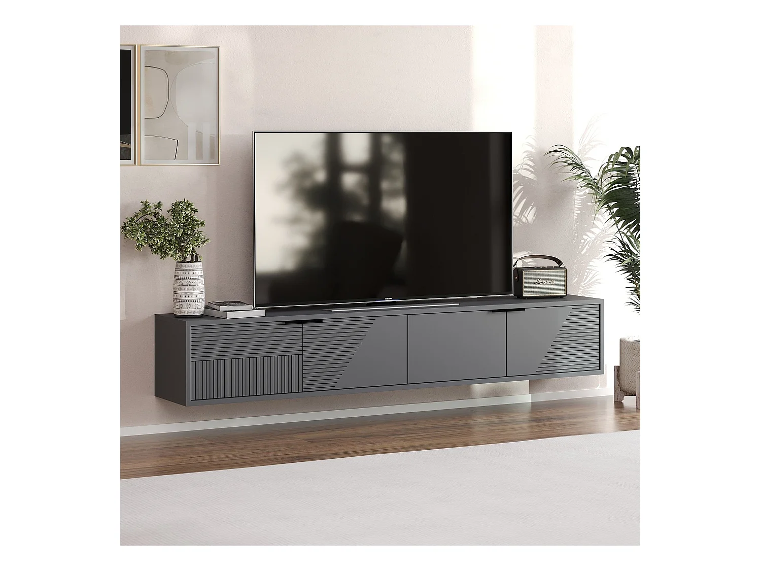 Meuble TV mural 2 portes rabattables striées PARLA