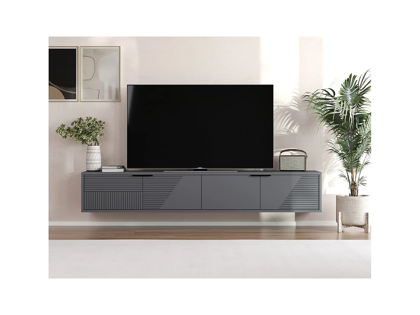 Mueble de TV mural 2 puertas abatibles estriadas L180 cm - PARLA