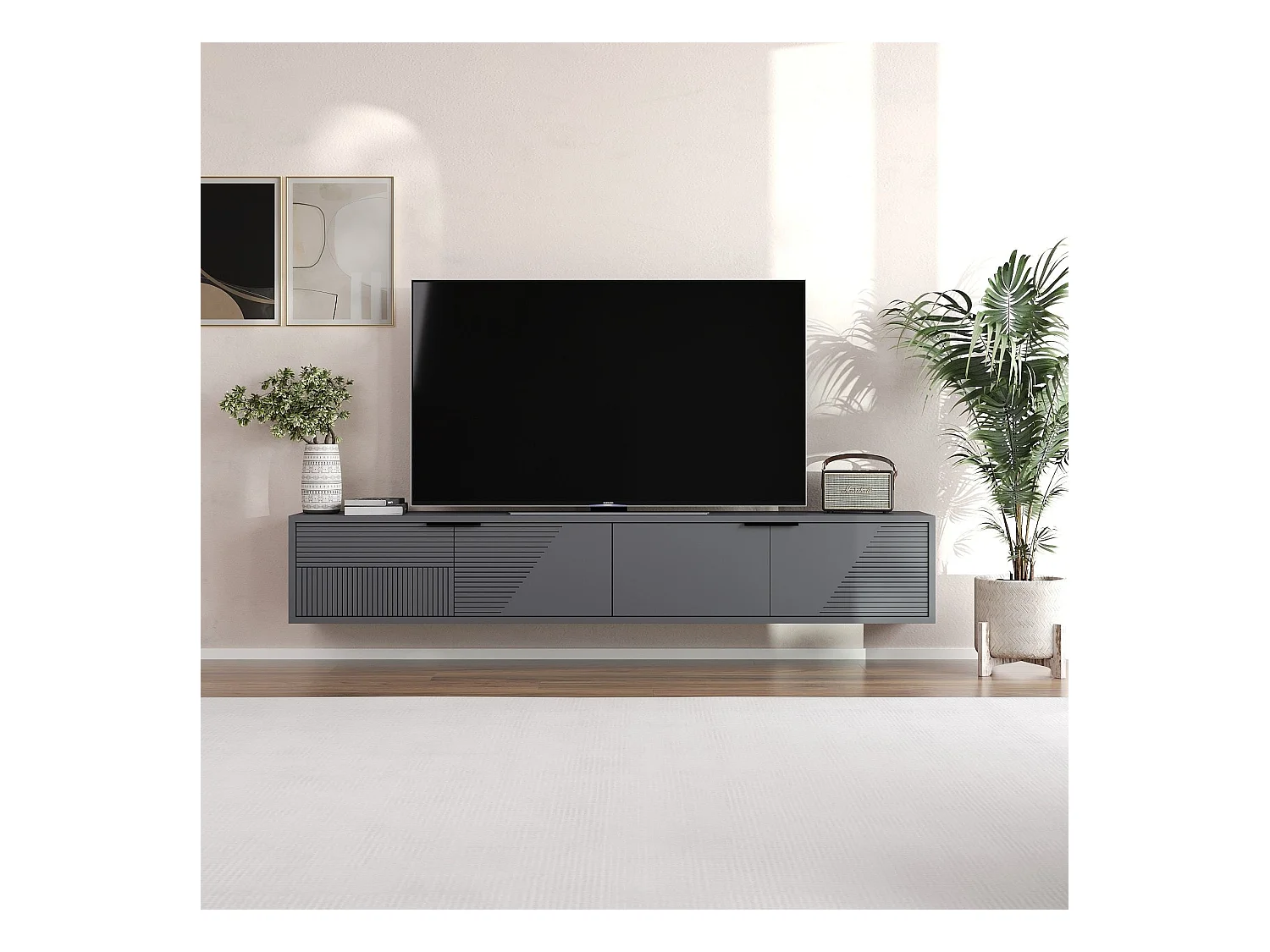 Mueble de TV mural 2 puertas abatibles estriadas L180 cm - PARLA