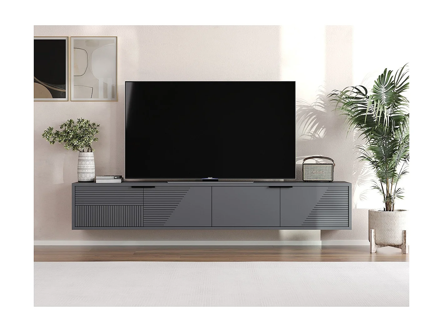 Mobile TV a parete 2 ante ribaltabili rigate L180 cm - PARLA