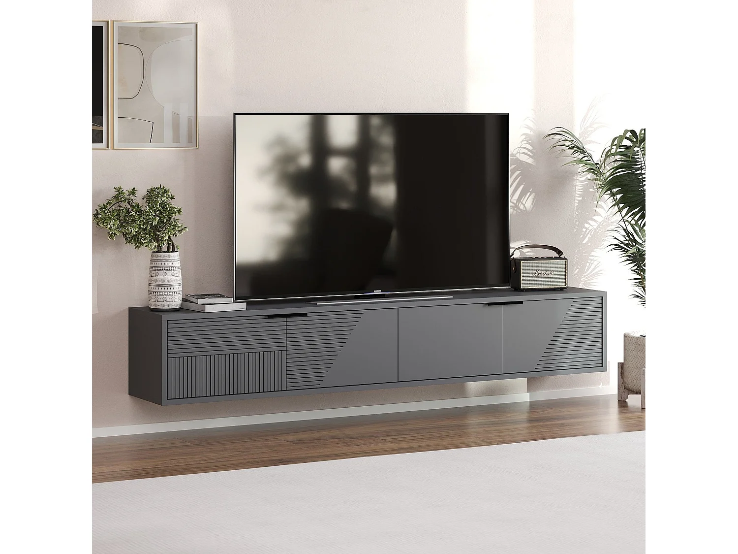 Mobile TV a parete 2 ante ribaltabili rigate L180 cm - PARLA