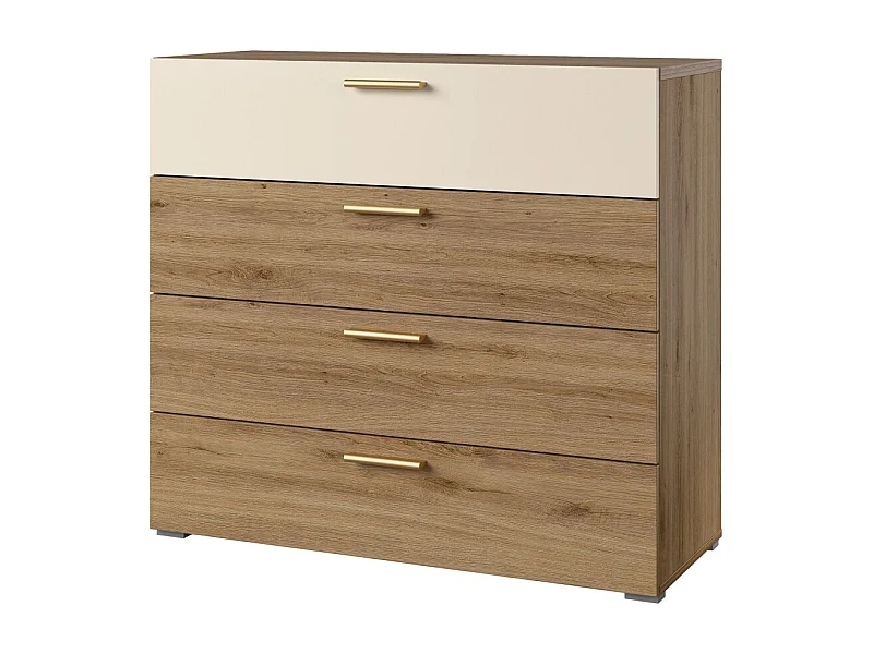 Cômoda VERTIGO – 4 gavetas – Carvalho selvagem e bege areia – Puxadores dourados