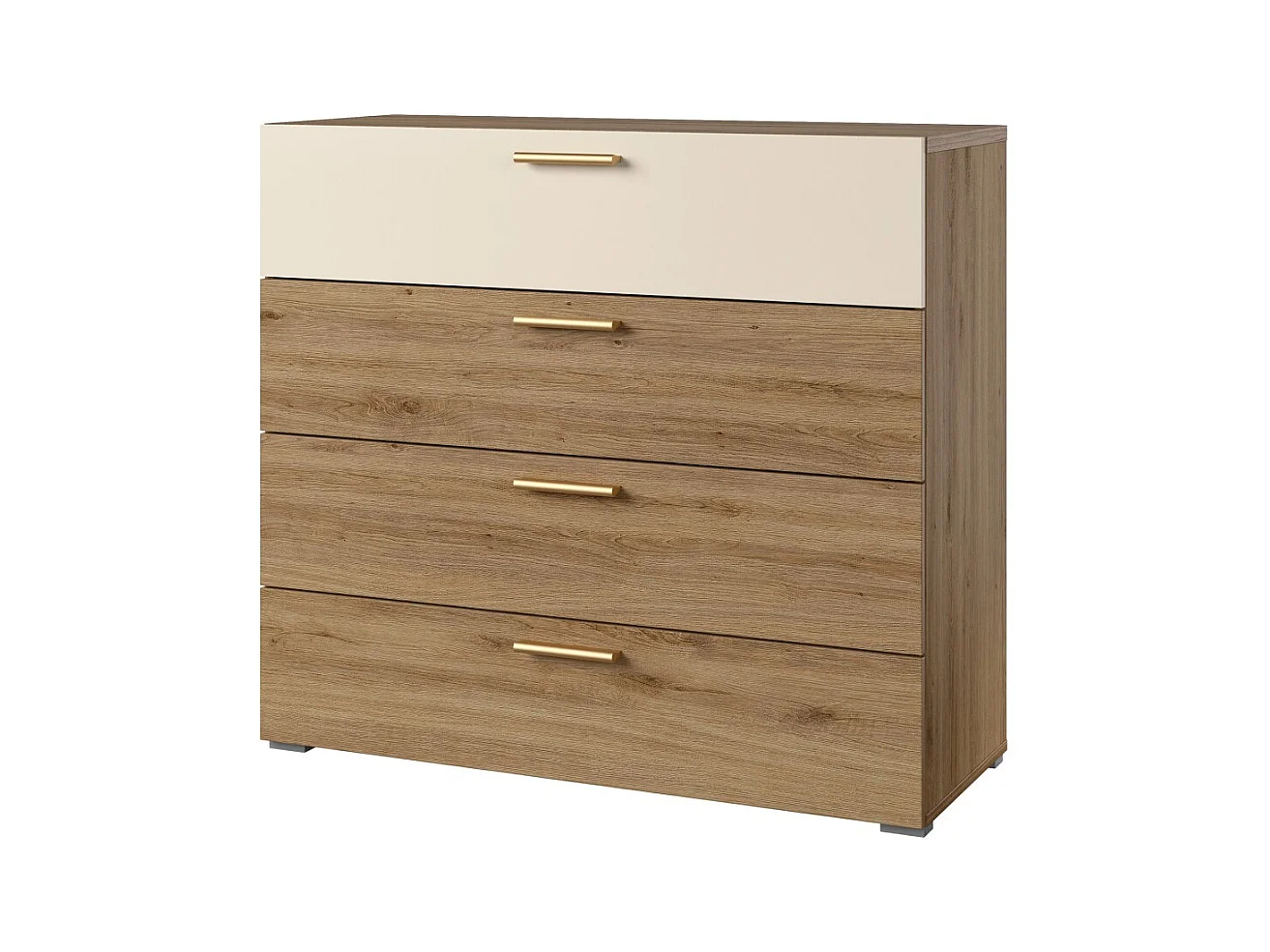 Commode VERTIGO – 4 tiroirs – Chêne sauvage et beige sable – Poignées dorées