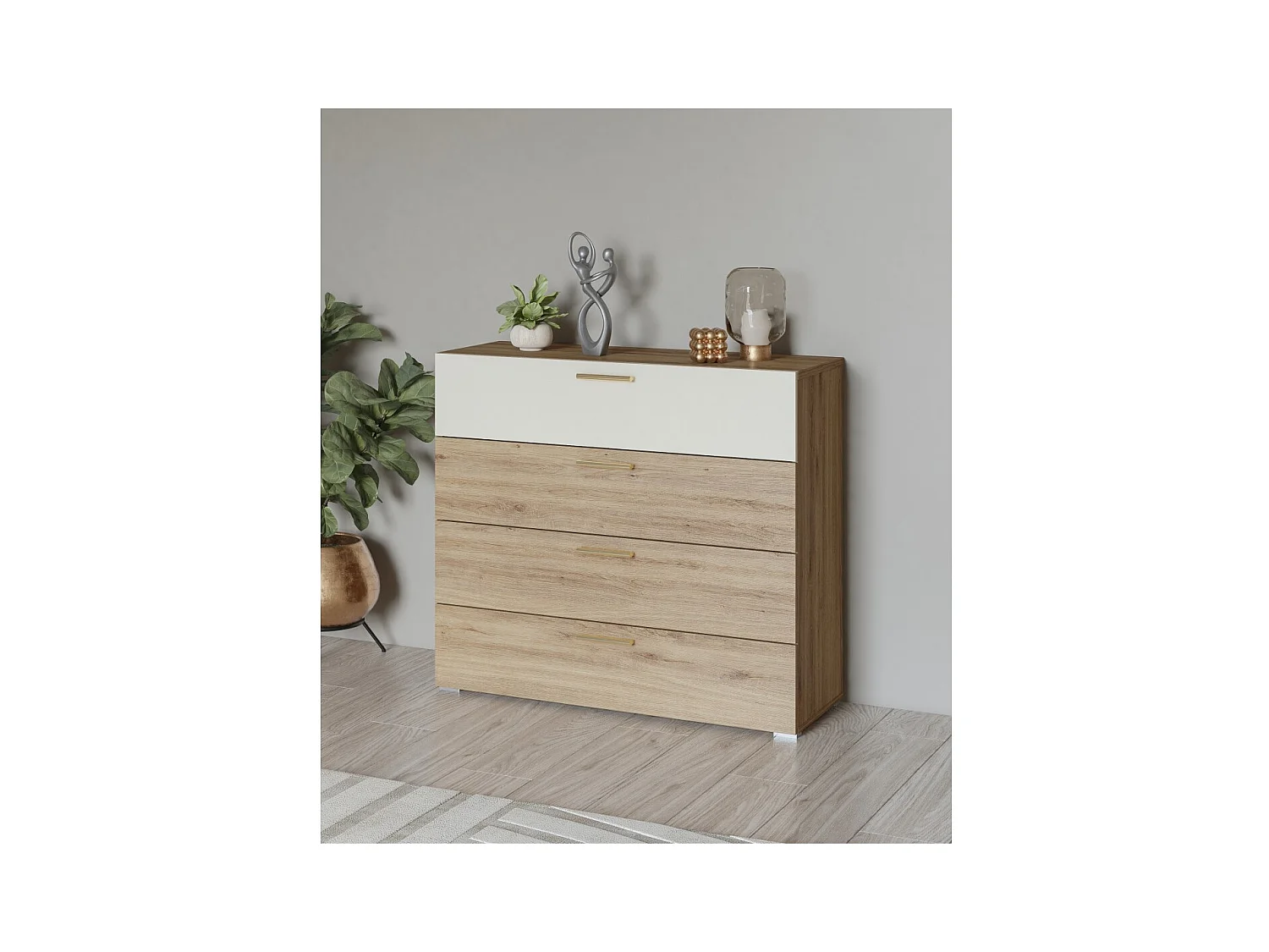 Commode VERTIGO – 4 tiroirs – Chêne sauvage et beige sable – Poignées dorées