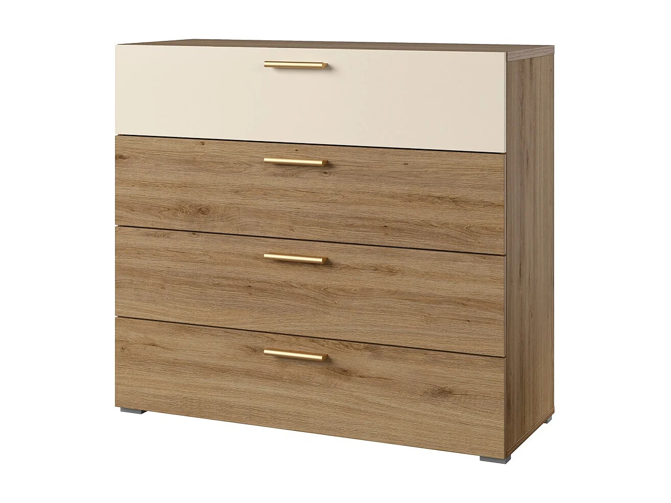 Cómoda VERTIGO – 4 cajones – Roble salvaje y beige arena – Tiradores dorados