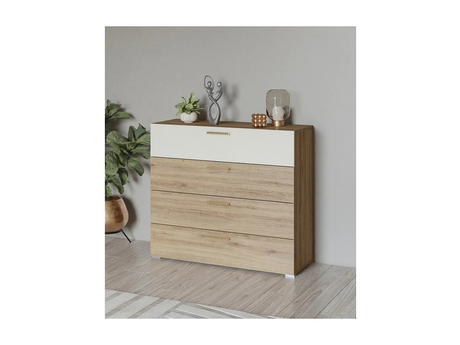 Cómoda VERTIGO – 4 cajones – Roble salvaje y beige arena – Tiradores dorados