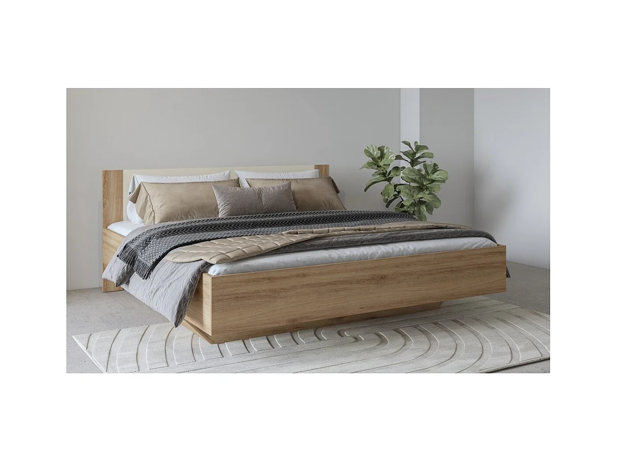 Cama VERTIGO – 180x200 cm – Carvalho selvagem e bege areia – Sem estrado – Pé de cama design