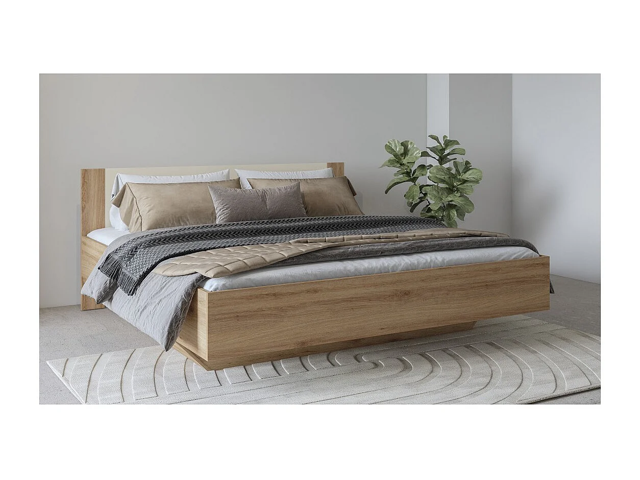 Cama VERTIGO – 180x200 cm – Roble salvaje y beige arena – Sin somier – Pie de cama diseño