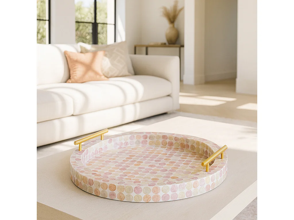 Now's Home - Plateau Rond Av Poignee Doree Coquille De Capiz Rose 47x47x7cm Elora