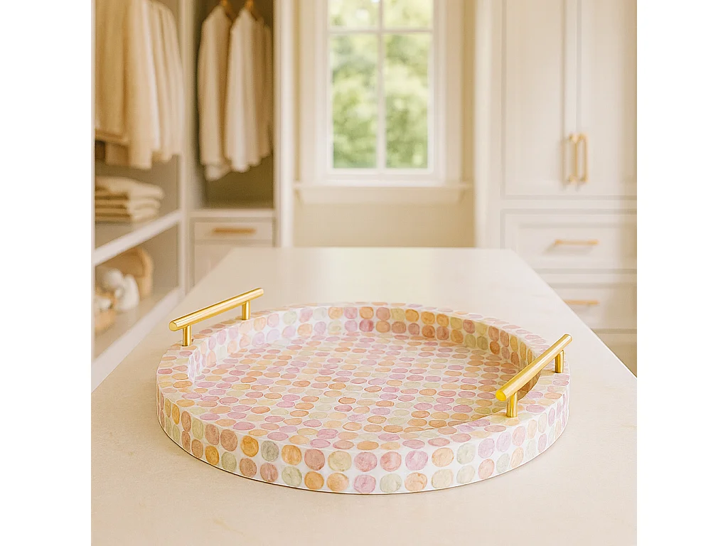 Now's Home - Plateau Rond Av Poignee Doree Coquille De Capiz Rose 47x47x7cm Elora