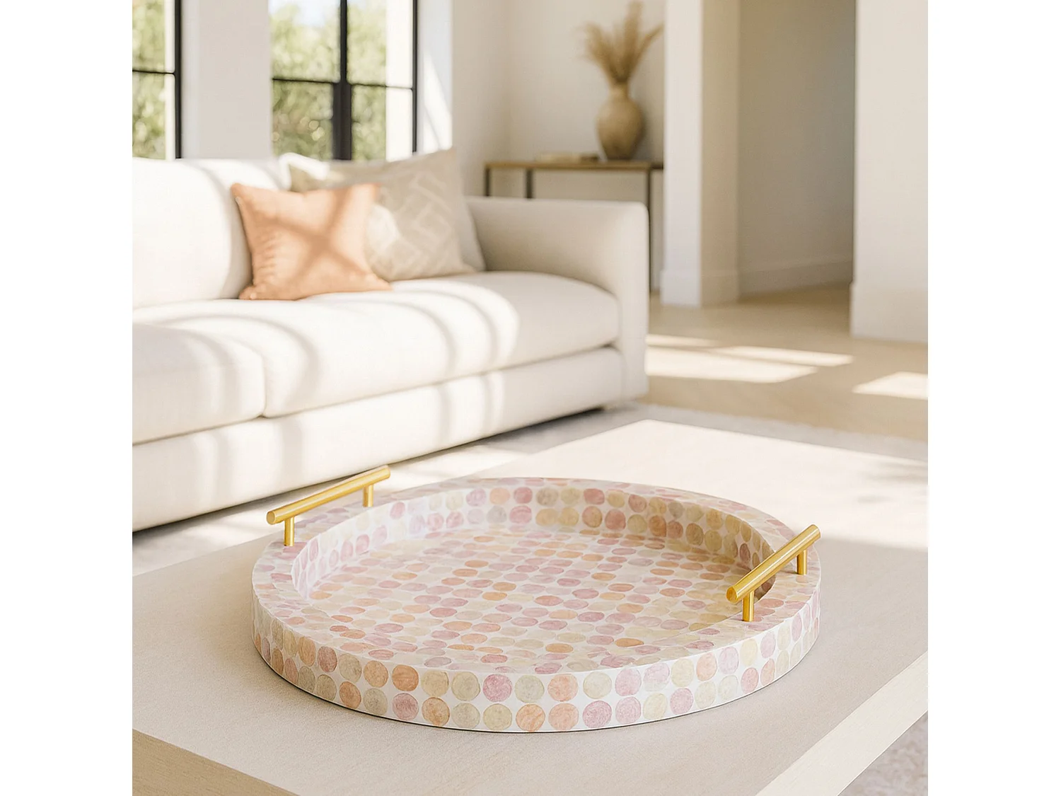 Now's Home - Plateau Rond Av Poignee Dorée Coquille De Capiz Rose 47x47x7cm Elora