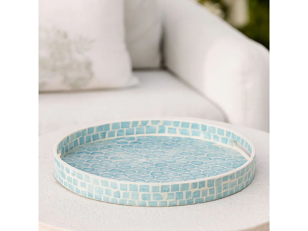 Now's Home - Plateau Rond Av Poignee Coquille De Nacre Bleu 45x45x6cm Solna