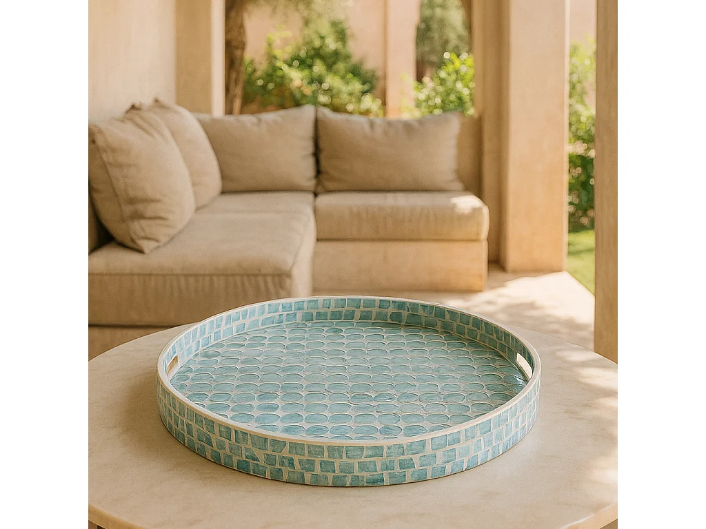 Now's Home - Plateau Rond Av Poignee Coquille De Nacre Bleu 45x45x6cm Solna