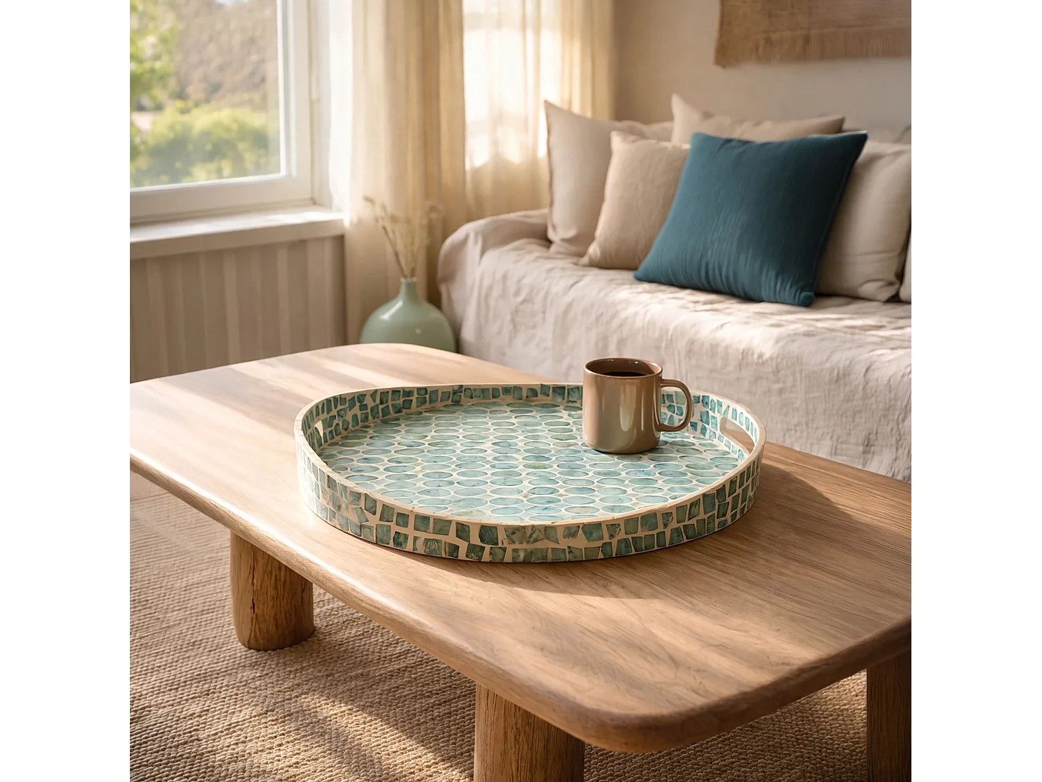 Now's Home - Plateau Rond Av Poignée Coquille De Nacre Bleu 45x45x6cm Solna