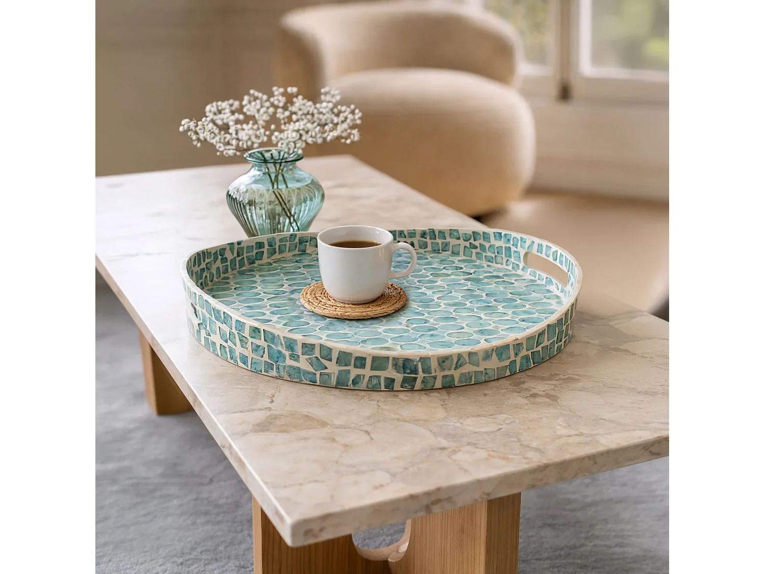 Now's Home - Plateau Rond Av Poignée Coquille De Nacre Bleu 45x45x6cm Solna