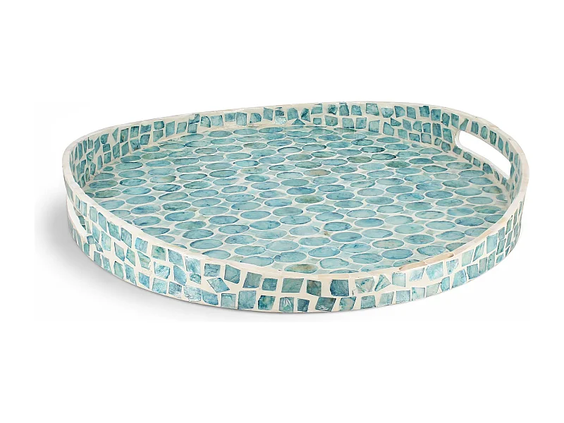Now's Home - Plateau Rond Av Poignee Coquille De Nacre Bleu 45x45x6cm Solna