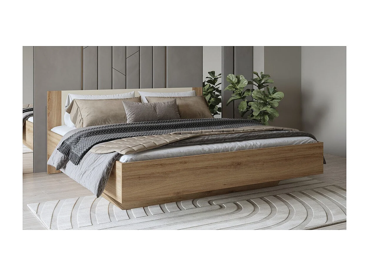 Lit VERTIGO – 180x200 cm avec sommier inclus – Chêne sauvage et beige sable – Pied de lit design
