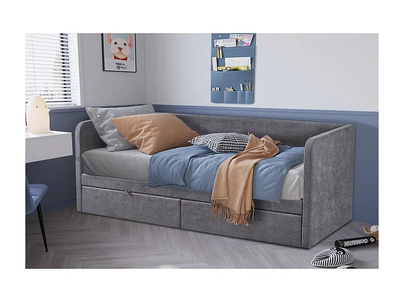 Lit PARME 90x200 cm – Tissu gris – Sommier inclus – Design moderne et structure robuste