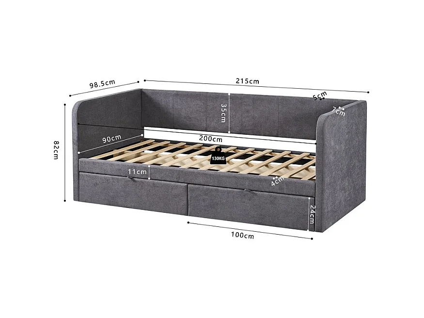 Cama PARMA 90x200 cm – Tela gris – Somier incluido – Diseño moderno y estructura robusta