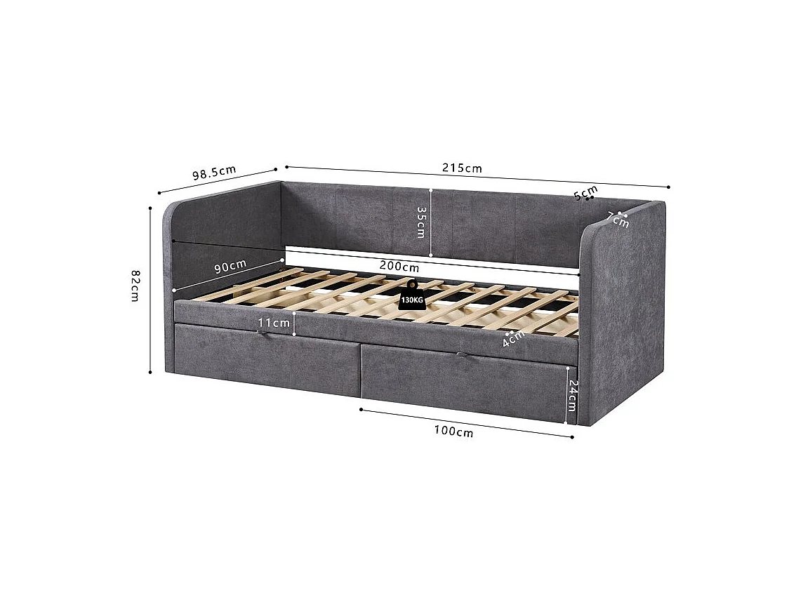 Lit PARME 90x200 cm – Stoff grau – Lattenrost inklusive – Modernes Design und robuste Struktur