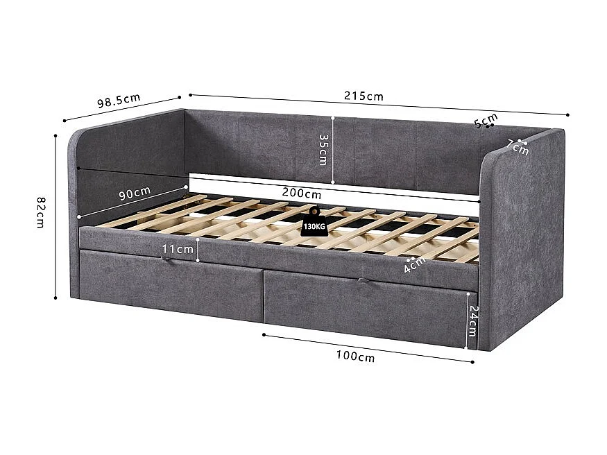 Lit PARME 90x200 cm – Stoff grau – Lattenrost inklusive – Modernes Design und robuste Struktur