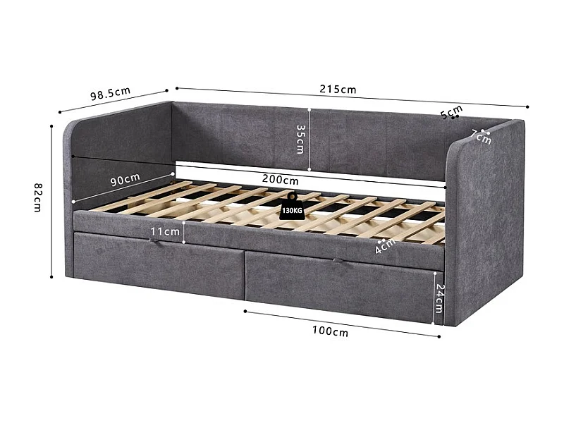 Lit PARME 90x200 cm – Stoff grau – Lattenrost inklusive – Modernes Design und robuste Struktur