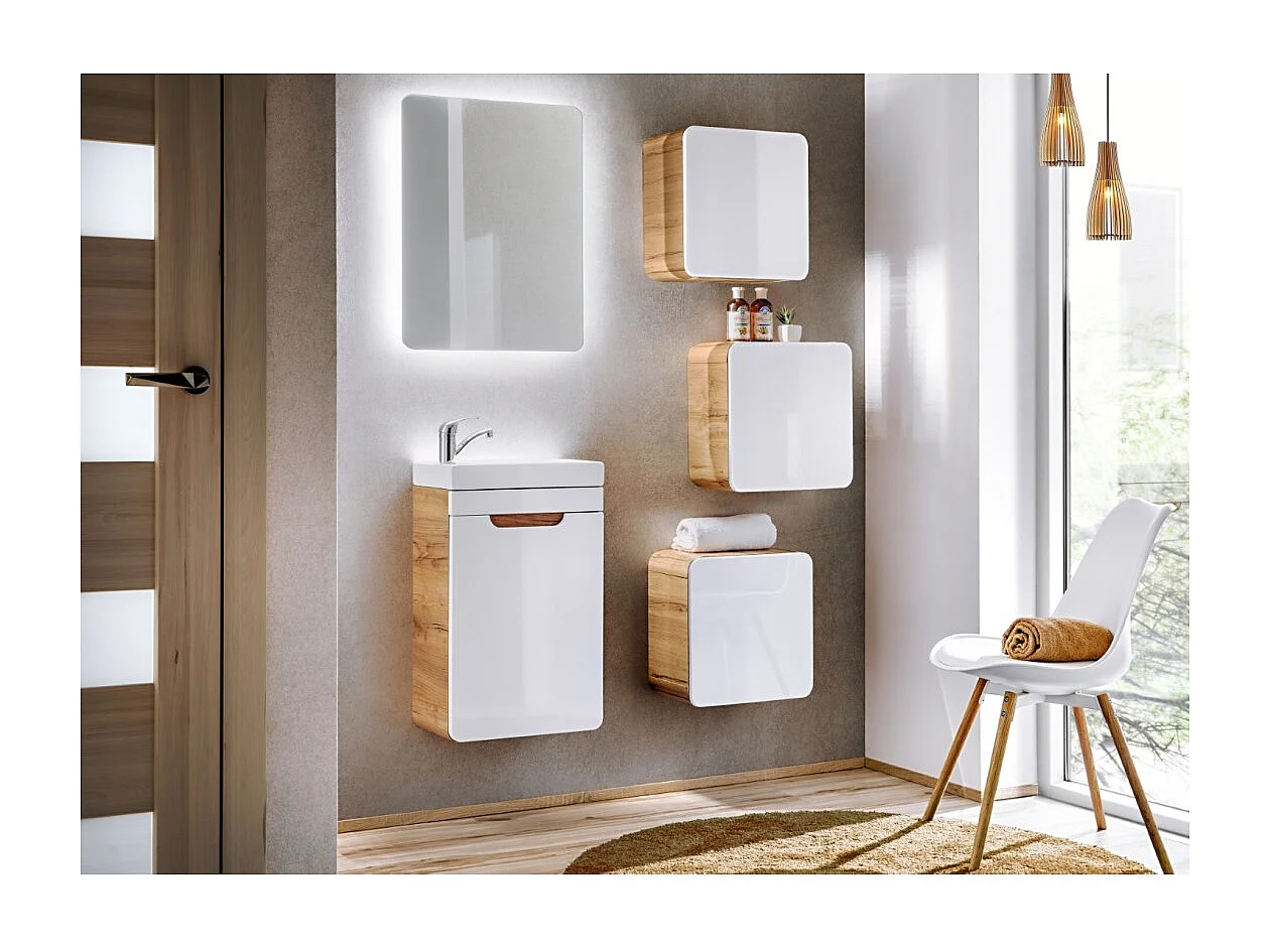 Mueble para baño ERBANO – Roble claro y blanco brillante – 35x35 cm – 1 puerta – Para colgar