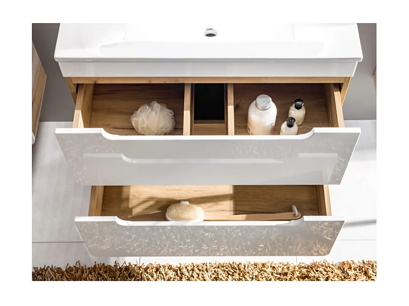 Mueble para baño ERBANO – Roble claro y blanco brillante – 35x35 cm – 1 puerta – Para colgar