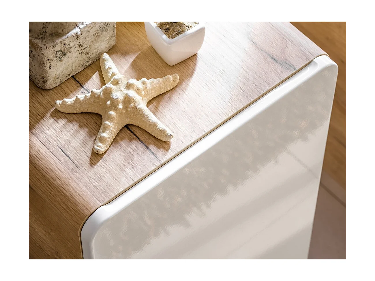 Mueble para baño ERBANO – Roble claro y blanco brillante – 35x35 cm – 1 puerta – Para colgar