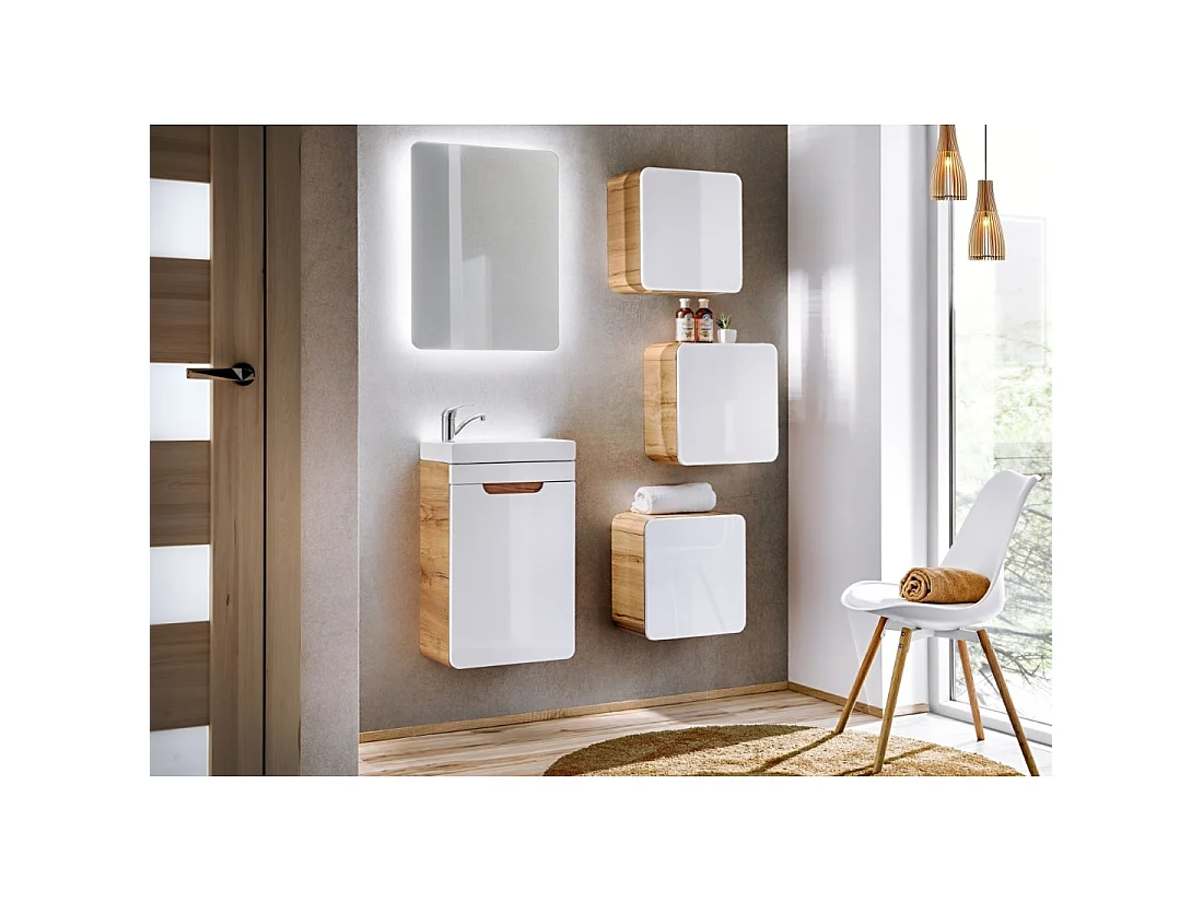 Meuble salle de bain ERBANO – Chêne clair et blanc brillant – 35x35 cm – 1 porte – À suspendre