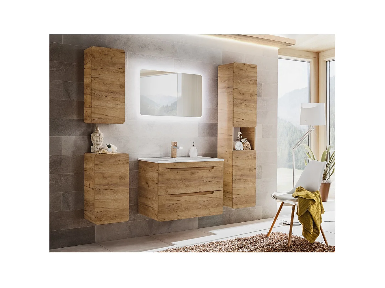 Meuble de rangement salle de bain ERBANO – 1 porte – Coloris chêne clair – Compact et suspendu