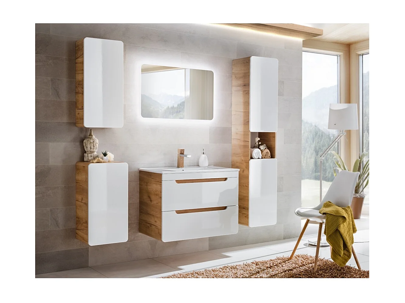 Mueble de baño ERBANO – Roble claro y blanco brillante – 35x68 cm – 1 puerta – Para colgar