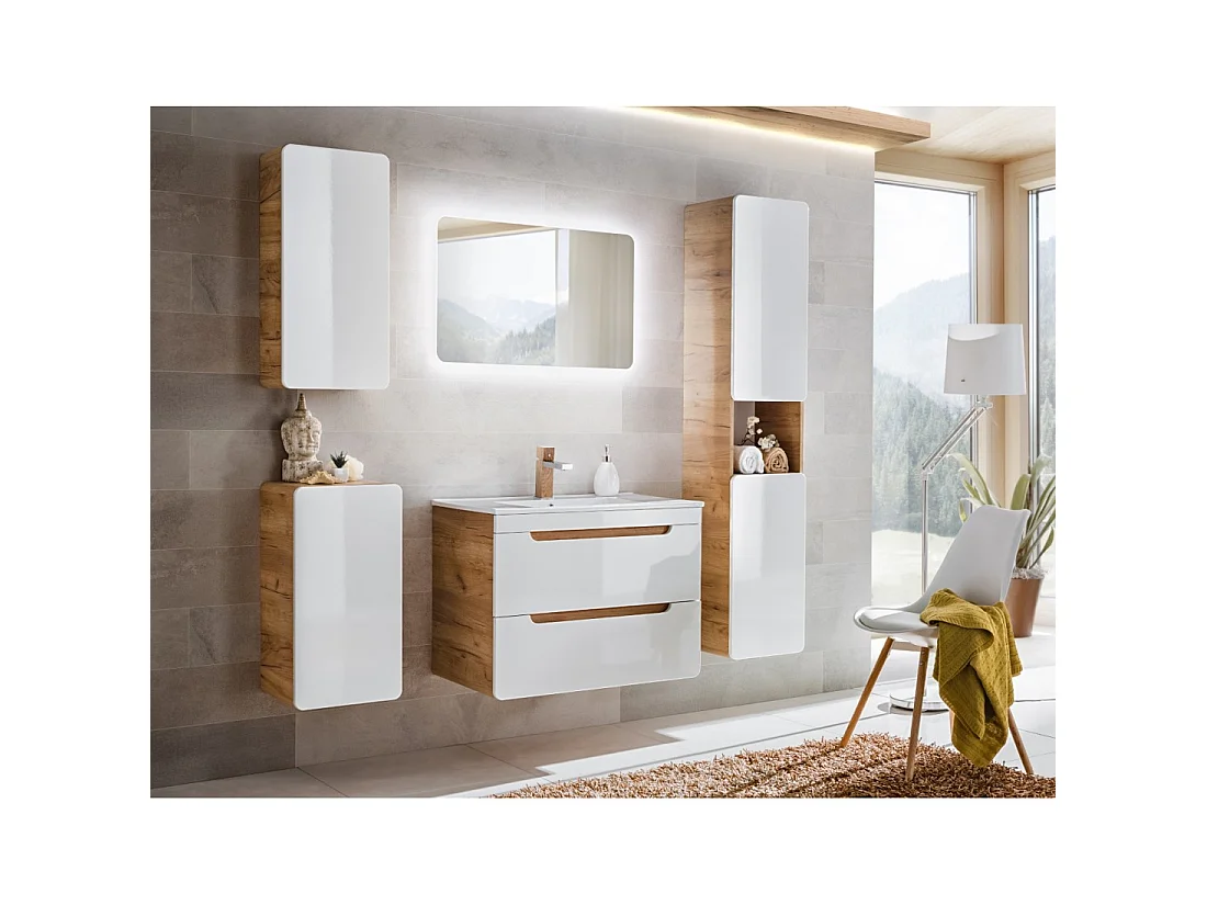Meuble salle de bain ERBANO – Chêne clair et blanc brillant – 35x68 cm – 1 porte – À suspendre