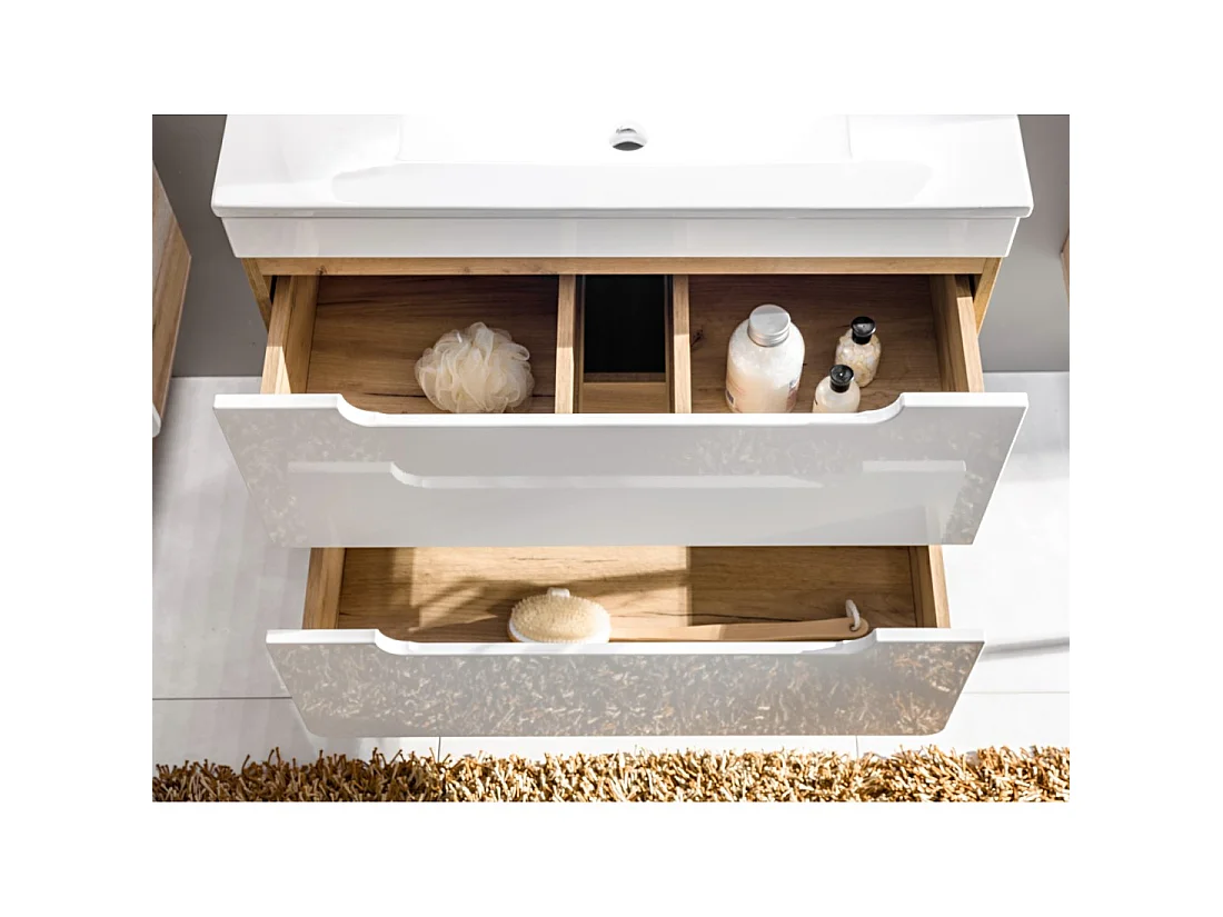 Meuble salle de bain ERBANO – Chêne clair et blanc brillant – 35x68 cm – 1 porte – À suspendre